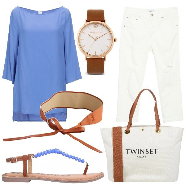 Outfit donna - La ciabattina in città. Stile Trendy per Tutti i giorni. Abbinamento con bluse, infradito, borse a mano, jeans, cinture, orologi.
