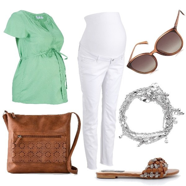 Outfit donna - Estate Premaman! - Focus Donna. Stile Basic per Tutti i giorni. look ideale per Premaman. Abbinamento con borse a tracolla, bluse, pantaloni, braccialetti, sandali in pelle, occhiali da sole.