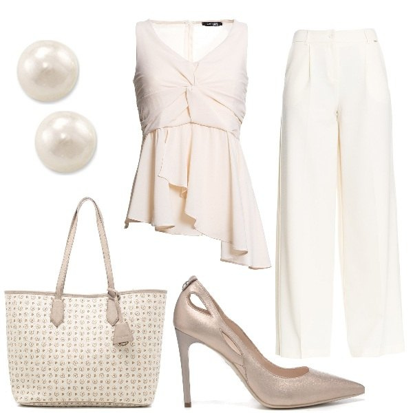 Outfit donna - Special Partners Bantoa Luglio 2021. Stile Chic per Serata fuori. Abbinamento con bluse, pantaloni a palazzo, décolleté, shopping bag, orecchini.