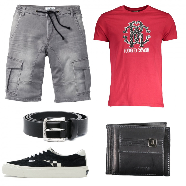 Outfit uomo - Cargo délavé. Stile Trendy per Tutti i giorni. Abbinamento con bermuda, cinture, portafogli, t-shirt, sneakers.