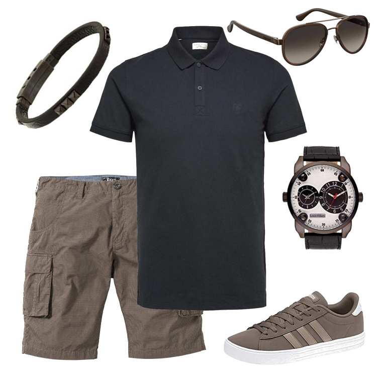Outfit uomo - Focus Uomo - Taglie importanti -. Stile Casual per Tutti i giorni. Abbinamento con bermuda, polo, occhiali da sole, orologi analogici, braccialetti, sneakers.