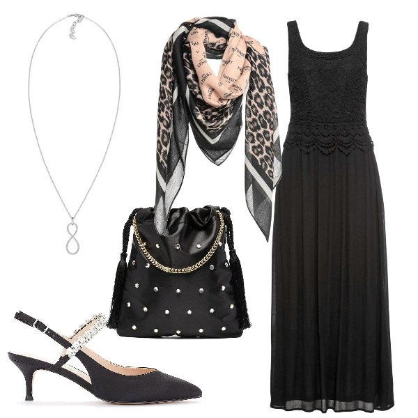 Outfit donna - Total look #1107782. Stile Chic per Serata fuori. Abbinamento con sciarpe, vestiti midi/longuette, borse tote, scarpe col tacco, collane.