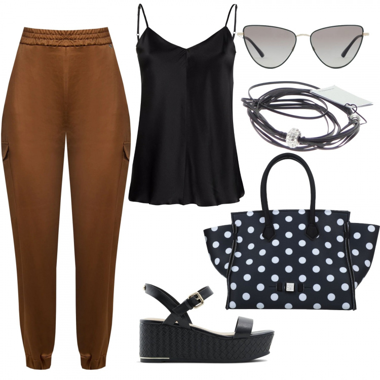 Outfit donna - Total look #1107800. Stile Trendy per Tutti i giorni. Abbinamento con borse a mano, pantaloni cargo, braccialetti, top, sandali in pelle, occhiali da sole.