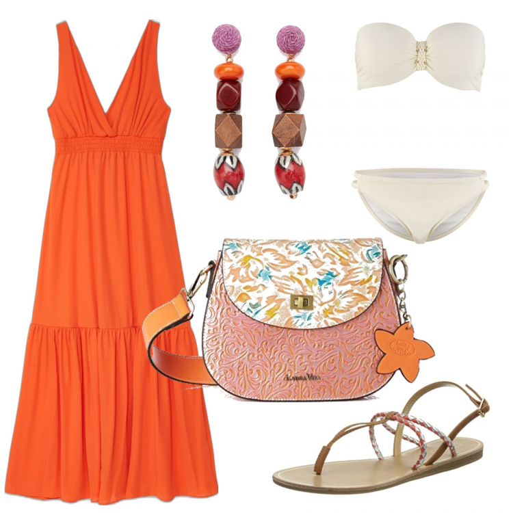 Outfit donna - Aperitivo in riva al mare. Stile Boho per Mare. Abbinamento con bikini, vestiti lunghi, orecchini, infradito, borse a tracolla.
