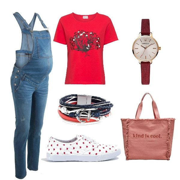 Outfit donna - Total look #1107939. Stile Casual per Tutti i giorni. look ideale per Premaman. Abbinamento con salopette, vestiti, braccialetti, sneakers, shopping bag, orologi analogici.