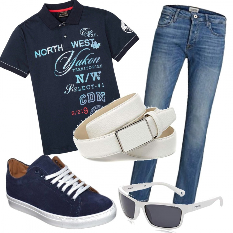 Outfit uomo - Casual #17998. Stile Casual per Tutti i giorni. Abbinamento con polo, sneakers, cinture, jeans slim fit, occhiali da sole.
