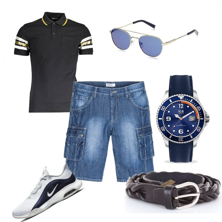Outfit uomo - La polo nera. Stile Casual per Tutti i giorni. Abbinamento con bermuda, cinture, polo, scarpe sportive, occhiali da sole, orologi.