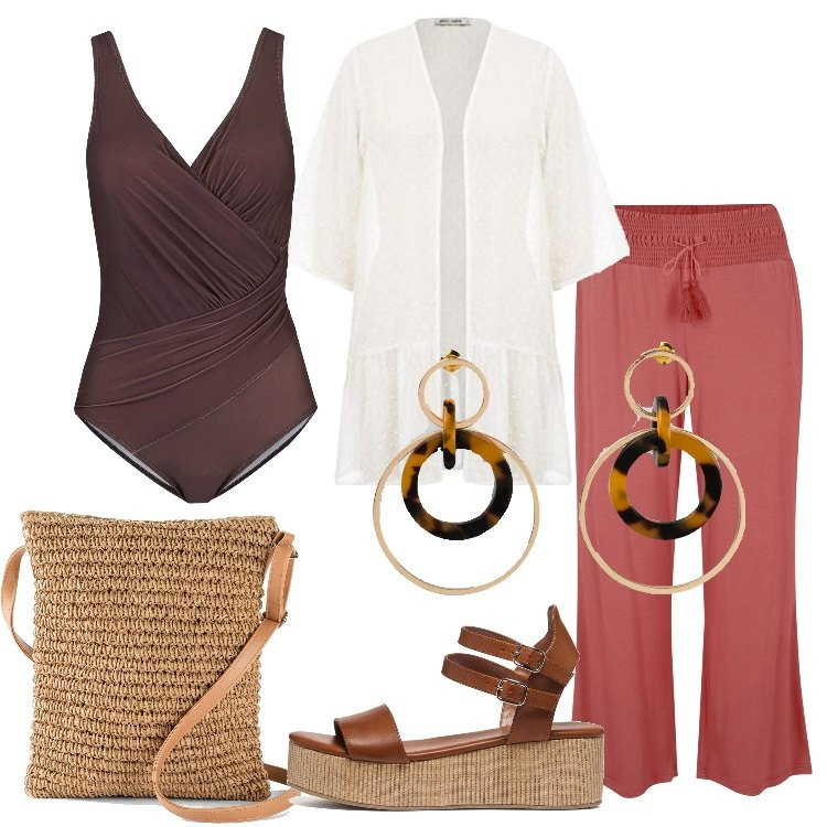 Outfit donna - Stile etnico al mare. Stile Etnico per Mare. Abbinamento con costumi interi, pantaloni, borse a tracolla, orecchini, zeppe, costumi.