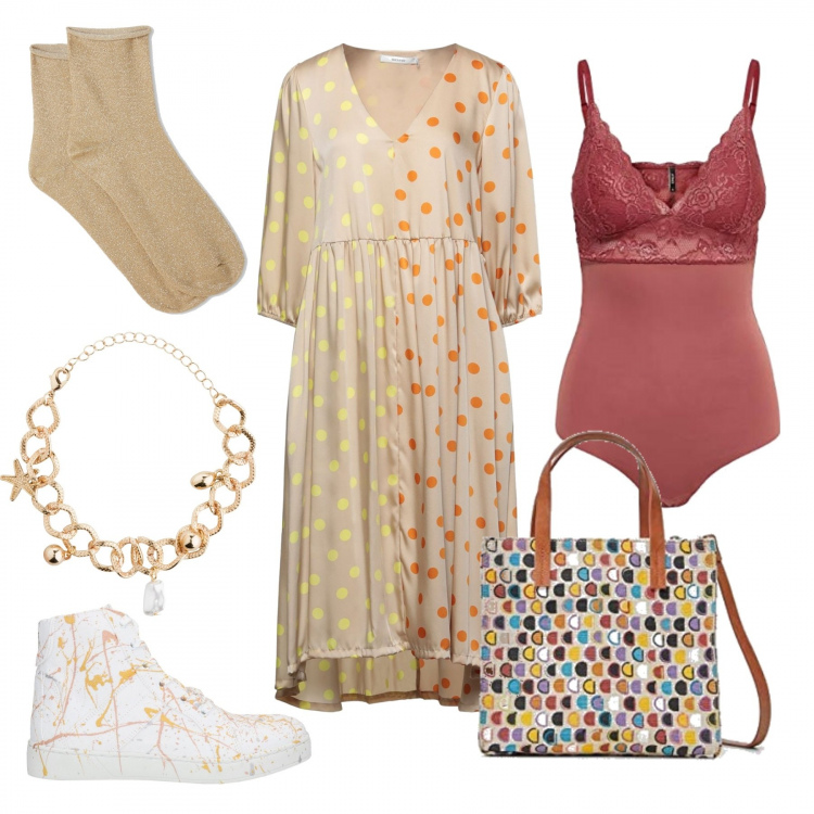 Outfit donna - Body e sneakers. Stile Boho per Tutti i giorni. Abbinamento con braccialetti, vestiti midi/longuette, sneakers alte, calzini, shopping bag, body.