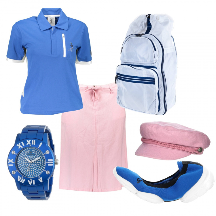 Outfit donna - Gonna e cappellino rosa. Stile Casual per Tutti i giorni. Abbinamento con ballerine, polo, orologi, zaini, gonne longuette, cappelli.