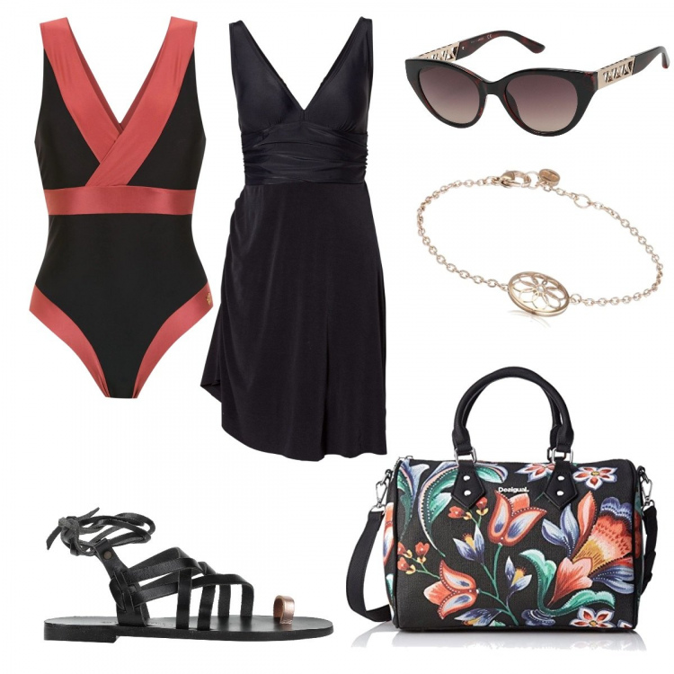 Outfit donna - Mare di classe. Stile Glamour per Mare. Abbinamento con vestiti da spiaggia, infradito, occhiali da sole, costumi, borse a mano, braccialetti.