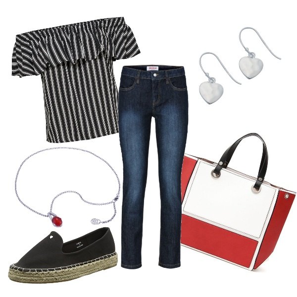 Outfit donna - CMPS Love is in the air. Stile Basic per Scuola/Università. Abbinamento con jeans slim fit, top a righe a maniche corte nero, collana, orecchini pendenti argento, espadrillas nero, shopping bag in pelle sintetica con tasca interna.
