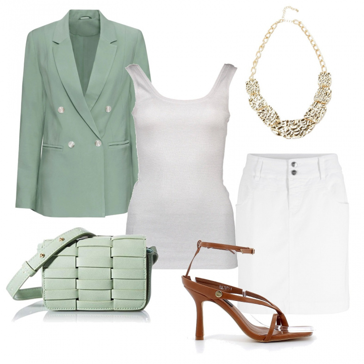 Outfit donna - In ufficio. Stile Bon Ton per Ufficio. Abbinamento con minigonne, blazer, collane, sandali in pelle, borse a tracolla, top.
