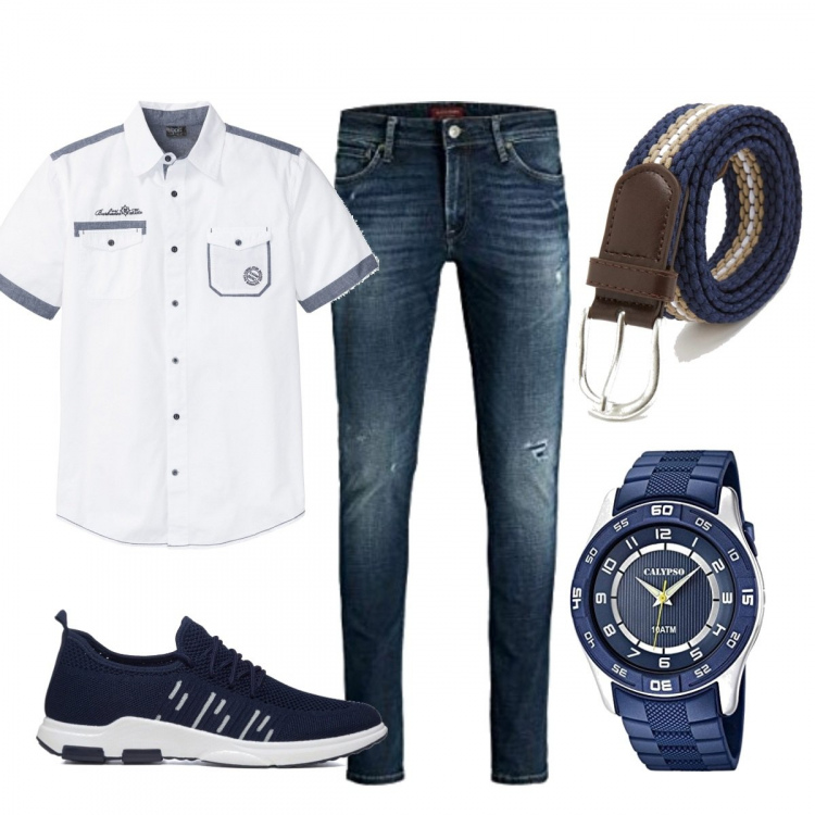 Outfit uomo - Total look #1108408. Stile Urban per Ufficio. Abbinamento con camicie a manica corta, cinture, sneakers, orologi, jeans skinny.