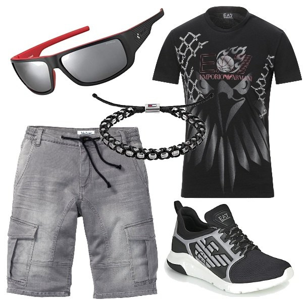 Outfit uomo - Per l\'uomo grintoso!. Stile Trendy per Tutti i giorni. Abbinamento con bermuda, t-shirt, sneakers, braccialetti, occhiali da sole.