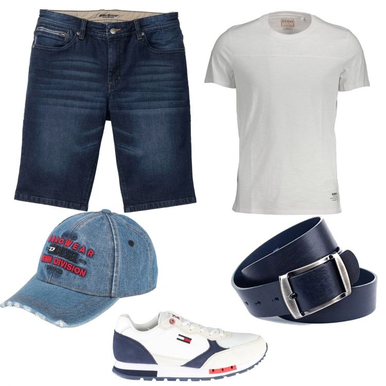Outfit uomo - Bianco e denim. Stile Trendy per Tutti i giorni. Abbinamento con bermuda, cappelli con visiera, cinture, t-shirt, sneakers.