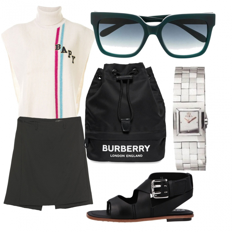 Outfit donna - Lusso sportivo. Stile Preppy per Tutti i giorni. Abbinamento con infradito, gonne longuette, orologi, borse a secchiello, occhiali da sole, top.