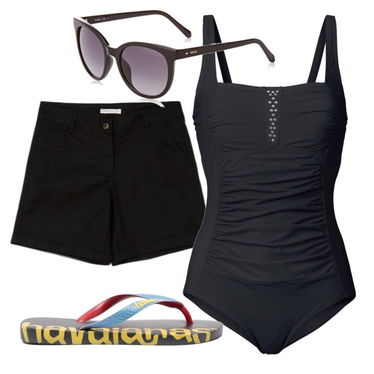 Outfit donna - Total look #1108860. Stile Casual per Mare. Abbinamento con costumi interi, bermuda, infradito, occhiali da sole.