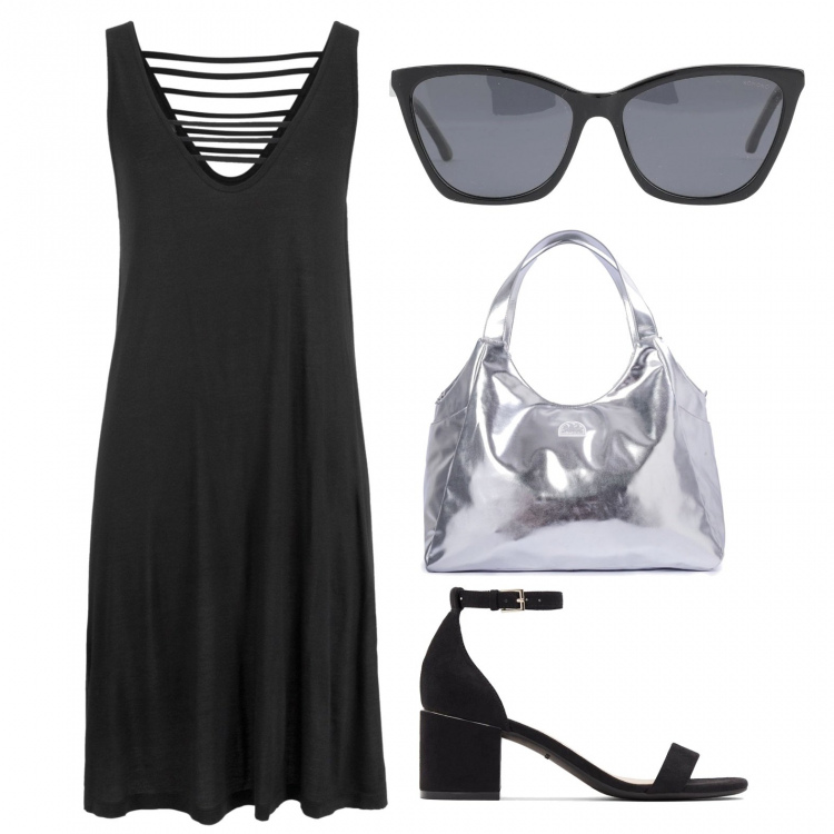 Outfit donna - L\' abito comodo e fresco. Stile Basic per Tutti i giorni. Abbinamento con vestiti da spiaggia, occhiali da sole, shopping bag, sandali in pelle.