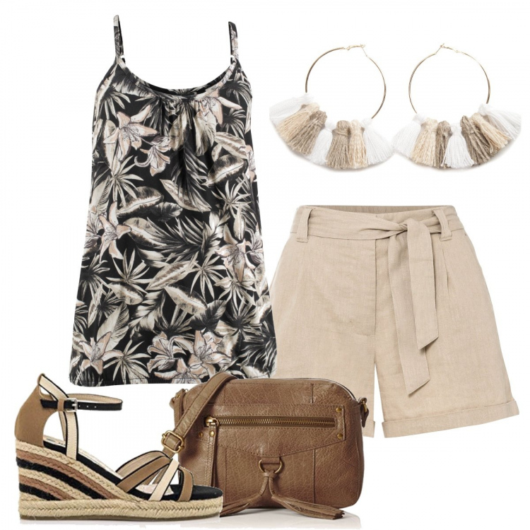 Outfit donna - Weekend al lago. Stile Casual chic per Tutti i giorni. Abbinamento con top, shorts, orecchini, sandali, borse a tracolla.