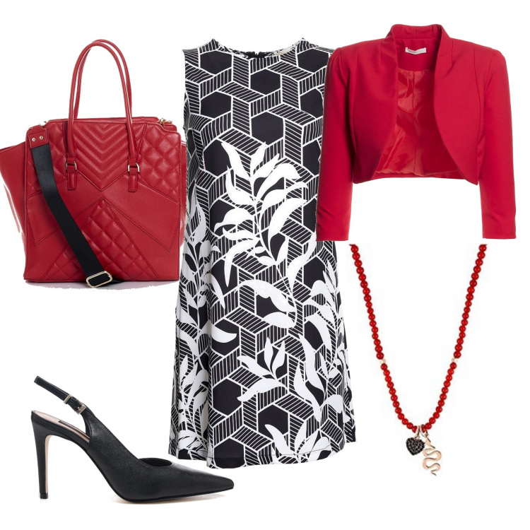 Outfit donna - Bolero rosso. Stile Bon Ton per Serata fuori. Abbinamento con vestiti senza maniche, bolero, borse tote, décolleté, collane.