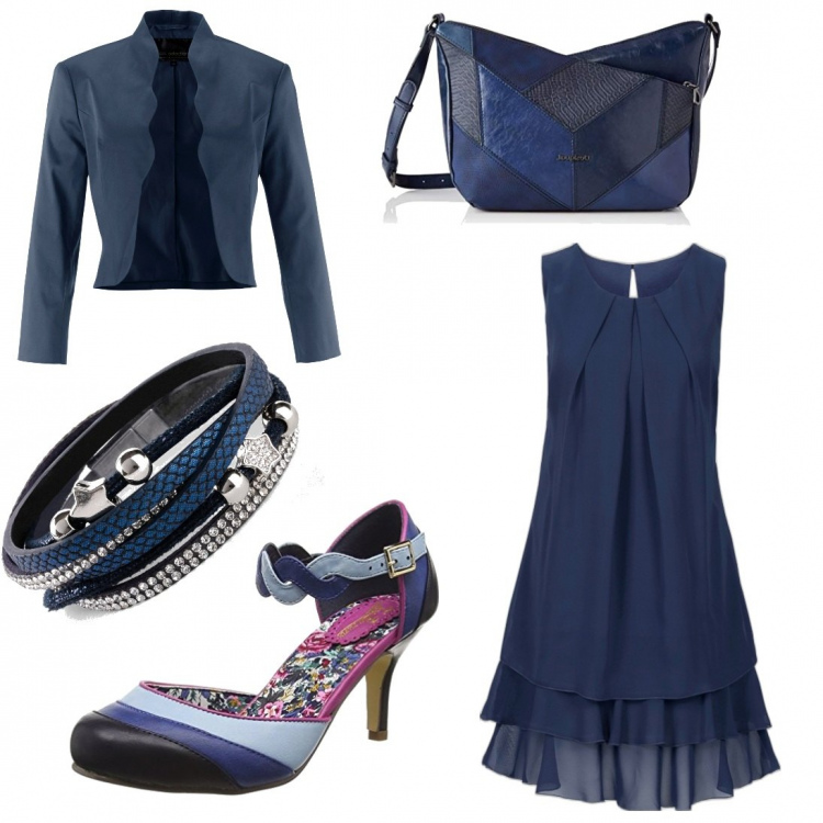 Outfit donna - Cerimonia in blu oversize. Stile Chic per Cerimonia. Abbinamento con vestiti, blazer, braccialetti, scarpe col tacco, borse a tracolla.