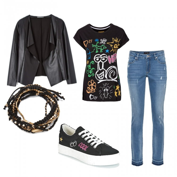 Outfit donna - Un giorno di ordinaria follia. Stile Rock per Tutti i giorni. Abbinamento con t-shirt, jeans skinny, giacche, sneakers, braccialetti.