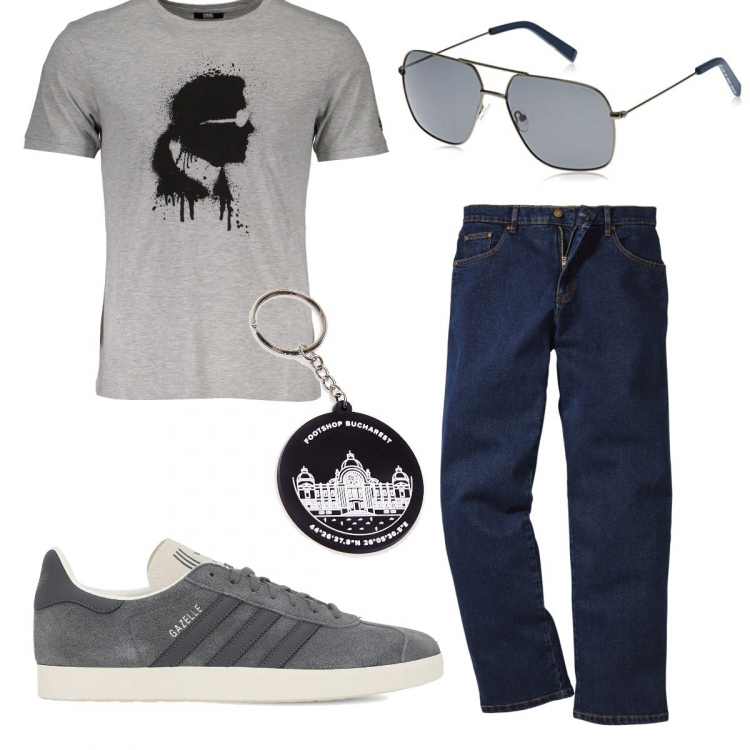 Outfit uomo - Il portachiavi trendy. Stile Trendy per Tutti i giorni. Abbinamento con jeans dritti, sneakers, t-shirt, occhiali da sole, portachiavi.