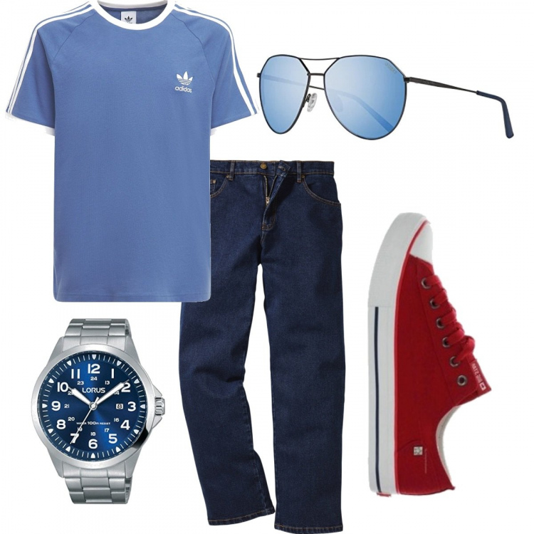 Outfit uomo - Total look #1109551. Stile Urban per Tutti i giorni. Abbinamento con jeans dritti, sneakers, t-shirt, occhiali da sole, orologi analogici.