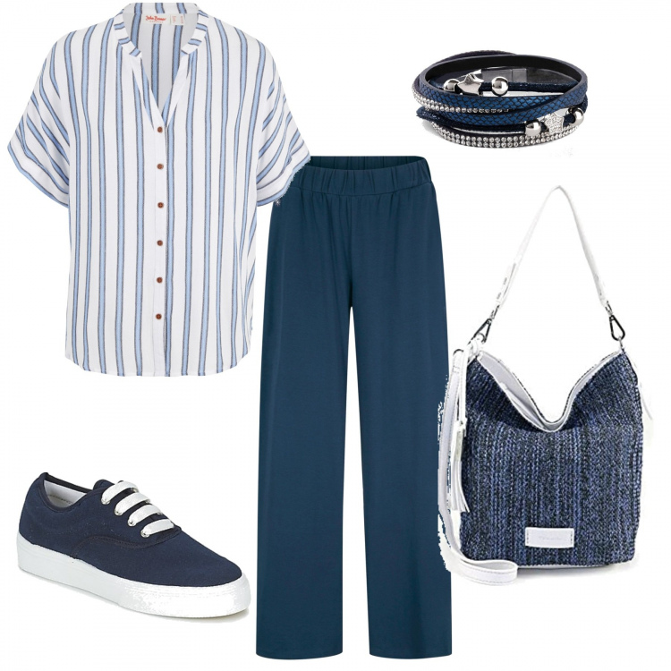 Outfit donna - Summer sporty Chic in pantaloni. Stile Sporty chic per Tutti i giorni. Abbinamento con camicie, pantaloni a palazzo, braccialetti, sneakers, borse a spalla.