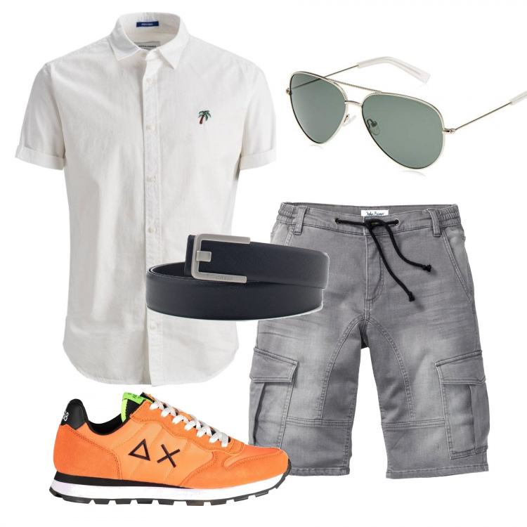 Outfit uomo - Camicia bianca e sneakers fluo. Stile Trendy per Tutti i giorni. Abbinamento con bermuda, camicie a manica corta, cinture, occhiali da sole, sneakers.