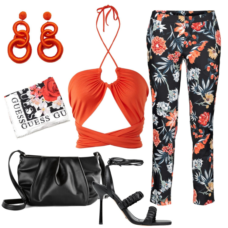 Outfit donna - Total look. Stile Trendy per Serata fuori. Abbinamento con pantaloni, borse a tracolla, sandali col tacco, top, orecchini, sciarpe.