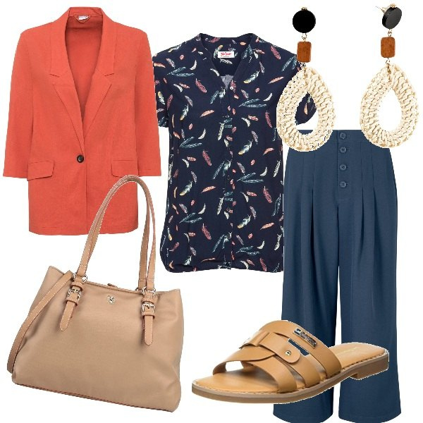 Outfit donna - Outfit comodo curvy. Stile Basic per Tutti i giorni. Abbinamento con camicie a manica corta, pantaloni capri, vestiti lunghi, orecchini, borse a mano, ciabatte.