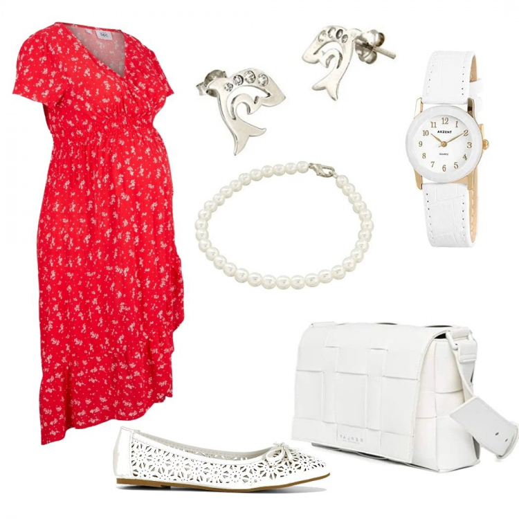 Outfit donna - In dolce attesa dei gemelli. Stile Casual per Tutti i giorni. look ideale per Premaman. Abbinamento con vestiti asimmetrici, ballerine, borse a mano, orologi analogici, braccialetti, orecchini.
