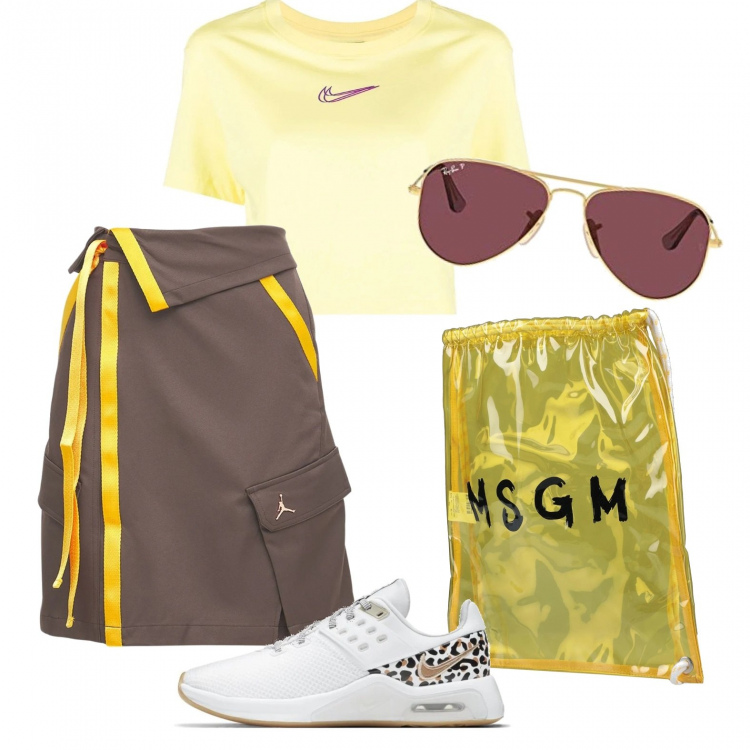 Outfit donna - La gonna sportiva e le sneakers. Stile Urban per Tutti i giorni. Abbinamento con zaini, t-shirt, sneakers, gonne, occhiali da sole.
