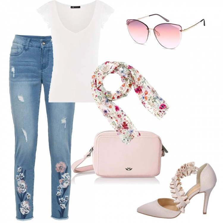 Outfit donna - Total look #1109886. Stile Trendy per Tutti i giorni. Abbinamento con foulard, jeans skinny, décolleté, top, occhiali da sole, borse a tracolla.