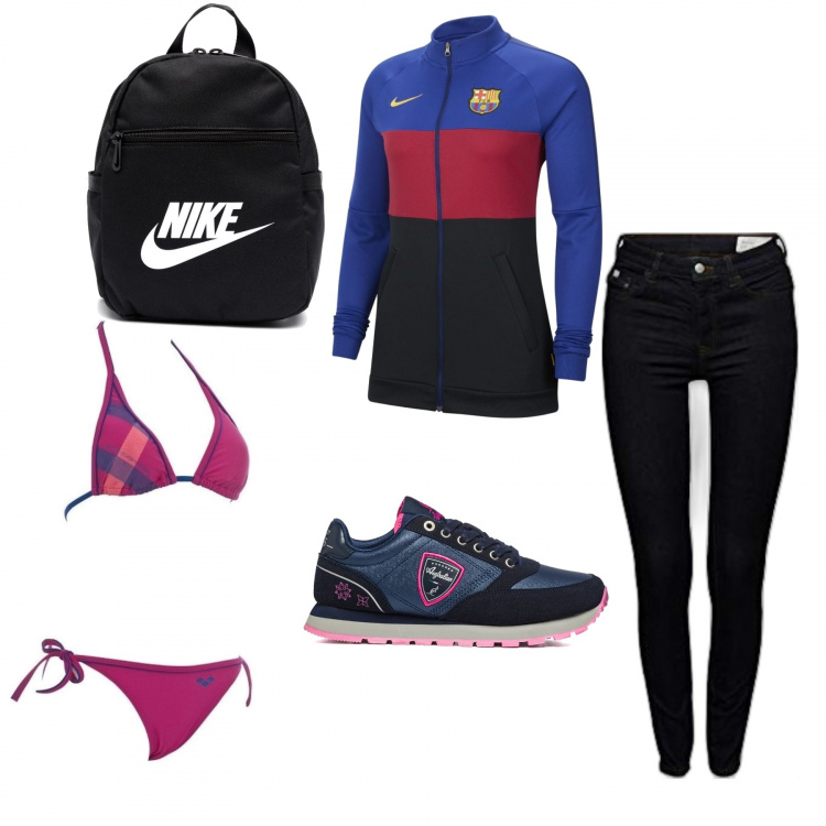Outfit donna - Bikini e jeans. Stile Sporty chic per Tutti i giorni. Abbinamento con bikini, zaini, sneakers, jeans, giacche sportive.