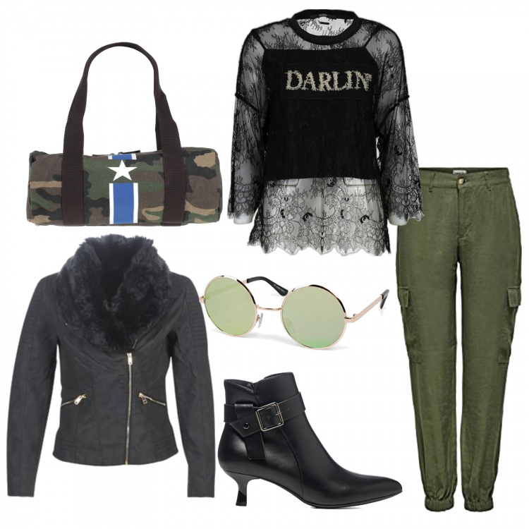 Outfit donna - Stivaletti con il tacco. Stile Casual chic per Tutti i giorni. Abbinamento con borse a mano, giacche, stivaletti, maglieria, pantaloni cargo, occhiali da sole.