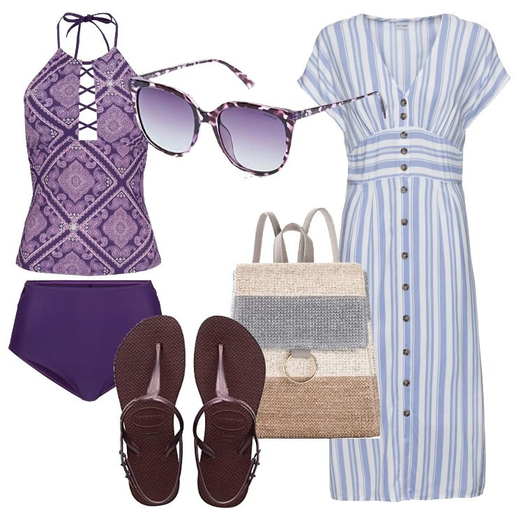 Outfit donna - Righe e tankini viola. Stile Casual chic per Mare. Abbinamento con vestiti, costumi interi, zaini, sandali, occhiali da sole.