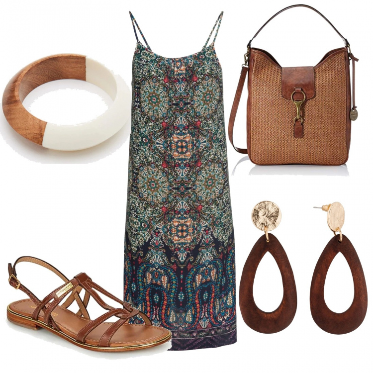 Outfit donna - Lasorry. Stile Etnico per Tutti i giorni. Abbinamento con vestiti, orecchini, sandali, braccialetti, borse a tracolla.