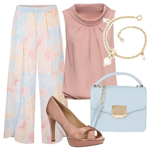 Outfit donna - Pranzo al lago. Stile Glamour per Tutti i giorni. Abbinamento con borse a mano, top, pantaloni, décolleté, braccialetti.
