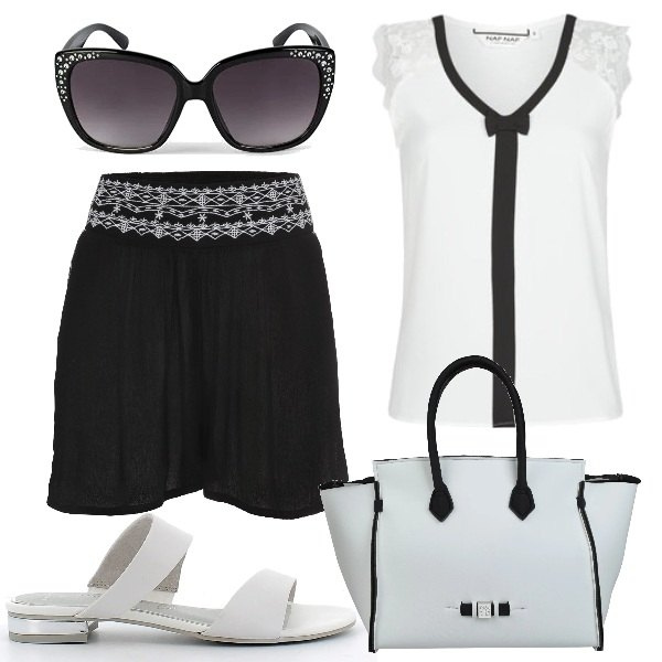 Outfit donna - Chic stropicciato. Stile Casual chic per Tutti i giorni. Abbinamento con shorts, borse a mano, camicie, sandali, occhiali da sole.