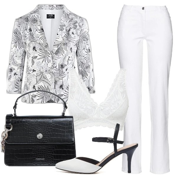 Outfit donna - Ufficio estivo. Stile Casual chic per Ufficio. Abbinamento con pantaloni, bralette, borse a mano, décolleté, blazer.