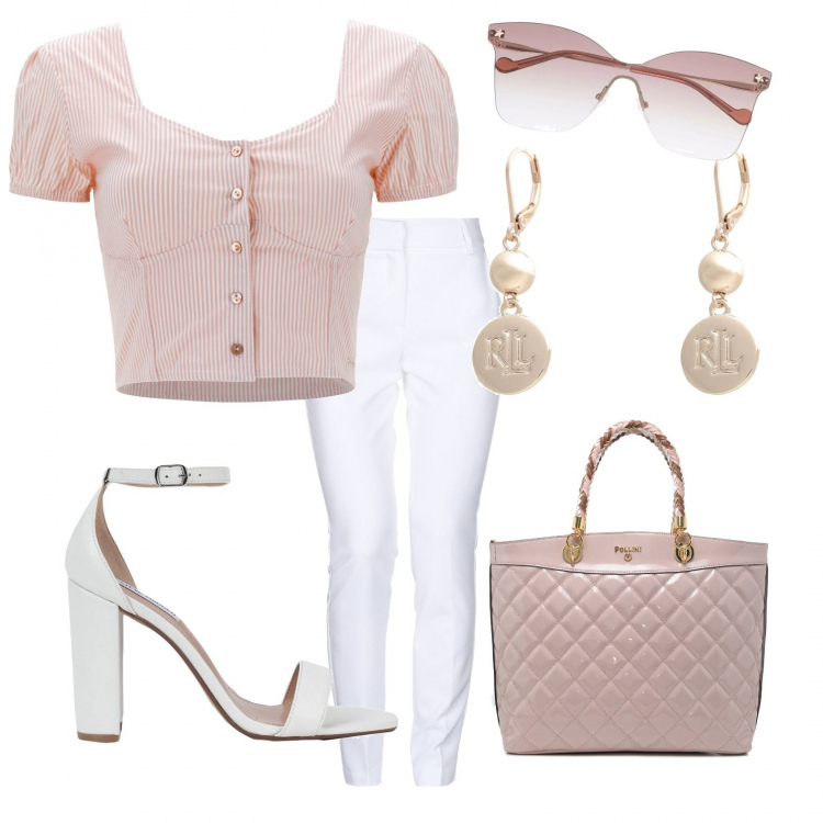 Outfit donna - Rosa antico. Stile Bon Ton per Tutti i giorni. Abbinamento con pantaloni, sandali col tacco, orecchini, shopping bag, occhiali da sole, top.