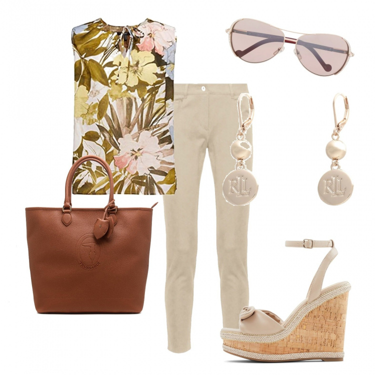 Outfit donna - Il top colorato. Stile Casual chic per Tutti i giorni. Abbinamento con orecchini, pantaloni chino, shopping bag, occhiali da sole, sandali in pelle, camicie.