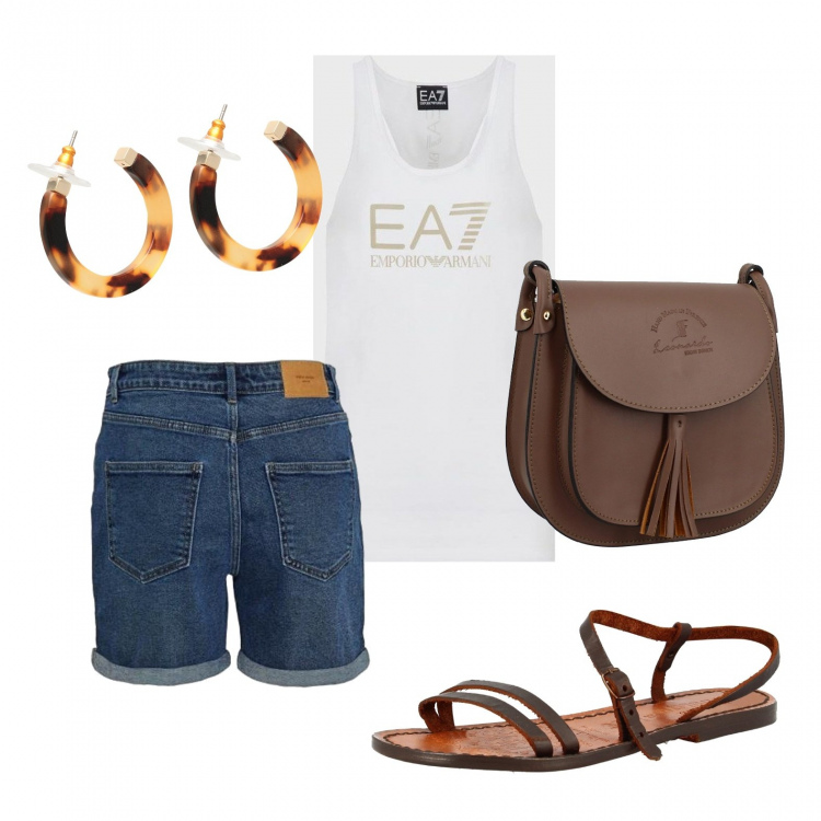 Outfit donna - Gli orecchini maculati. Stile Sporty chic per Tutti i giorni. Abbinamento con orecchini, sandali in pelle, borse a tracolla, canottiere, shorts.