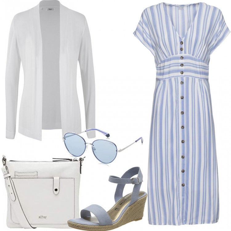 Outfit donna - Abito a righe. Stile Trendy per Tutti i giorni. Abbinamento con vestiti, cardigans, sandali, occhiali da sole, borse a spalla.