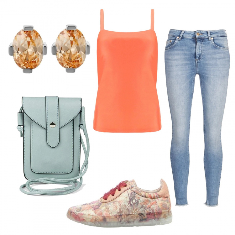 Outfit donna - Total look #1110940. Stile Casual per Tutti i giorni. Abbinamento con jeans, canottiere, borse a tracolla, orecchini, sneakers.