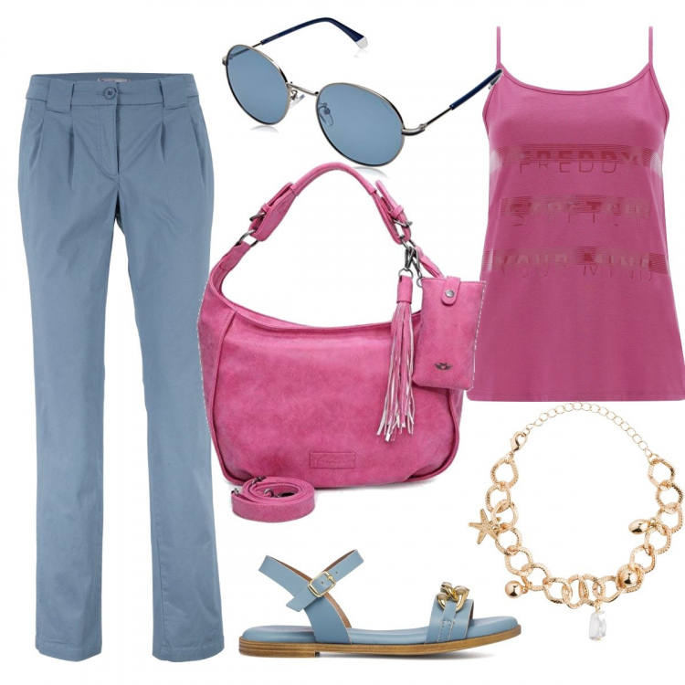 Outfit donna - Basic con i chino. Stile Basic per Tutti i giorni. Abbinamento con pantaloni chino, braccialetti, canottiere, sandali in pelle, borse a spalla, occhiali da sole.