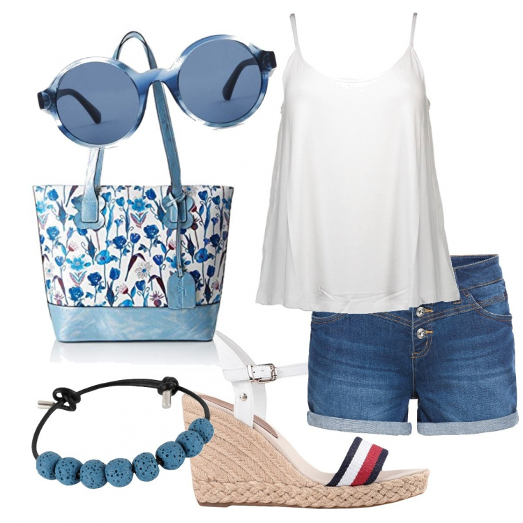 Outfit donna - Canotta bianca!. Stile Casual per Tutti i giorni. Abbinamento con shorts, sandali in pelle, braccialetti, canottiere, borse a secchiello, occhiali da sole.